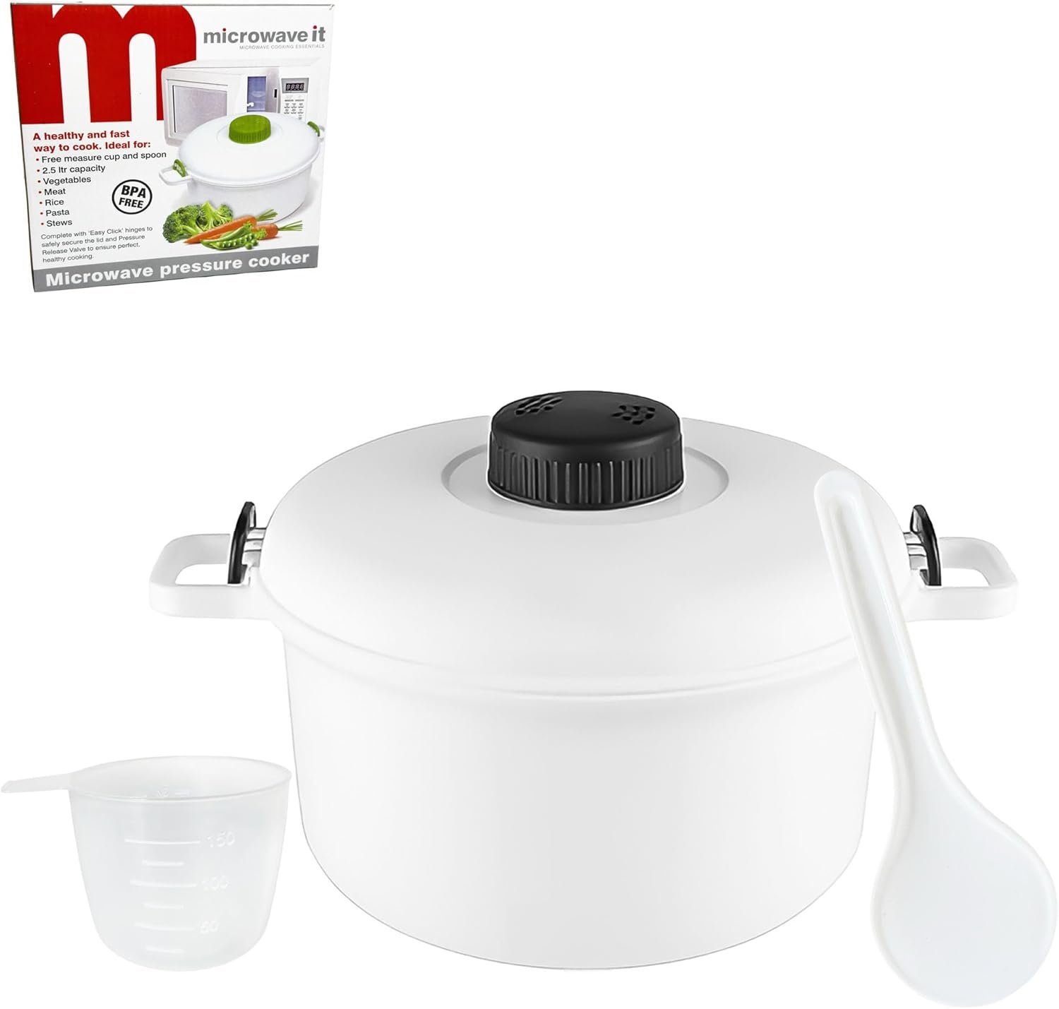 Microwave Pressure Cooker Pot with Locking Lid - Large Compact Easy Cook Micro Kitchen Master with Measuring Cup Spatula and Recipe Book - Healthy and Fast Way to Cook (White Pressure Cooker)