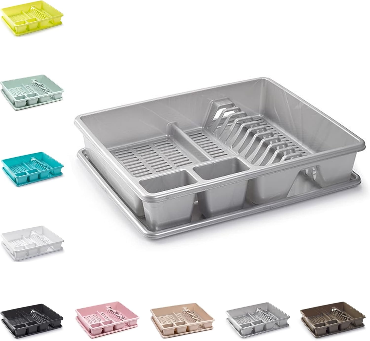 Plastic Dish Drainer Plate Cutlery Rack Kitchen Sink Utensil Draining Cup Holder (48 x 38 x 9cm) (Silver)